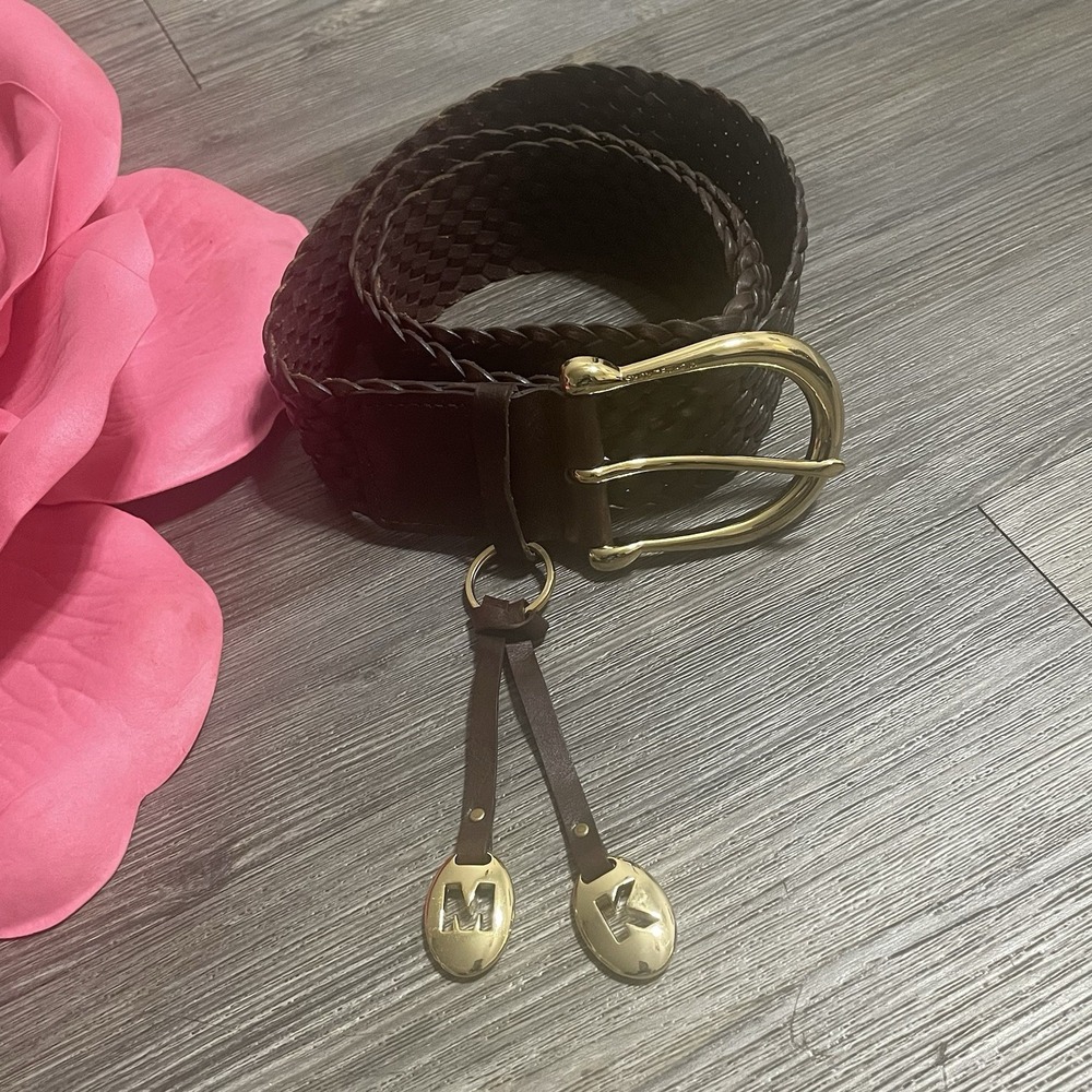 MICHAEL Michael Kors Brown Gold Braided Leather Belt XL Boho Woven MK Charm Wide